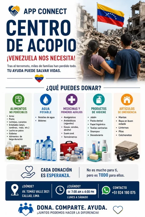 Cartel de centro de acopio en apoyo a Venezuela con alimentos, agua, medicinas, higiene y articulos de emergencia